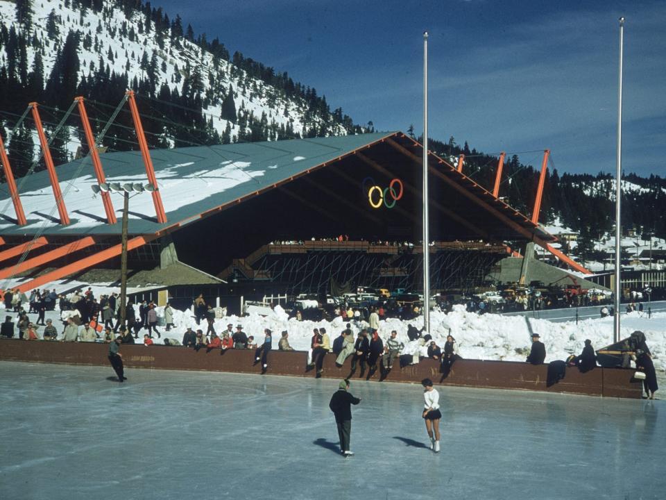 Figure skaters on a rink at the Winter Olympics in Squaw Valley, California, in 1960