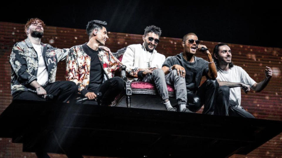 Parker joined the rest of The Wanted on stage while seated on a throne. (Photo: Max George/Instagram)