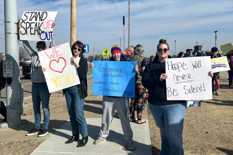 Demonstrators walk out to protest bullying at Owasso High School (Jo Yurcaba / NBC News)