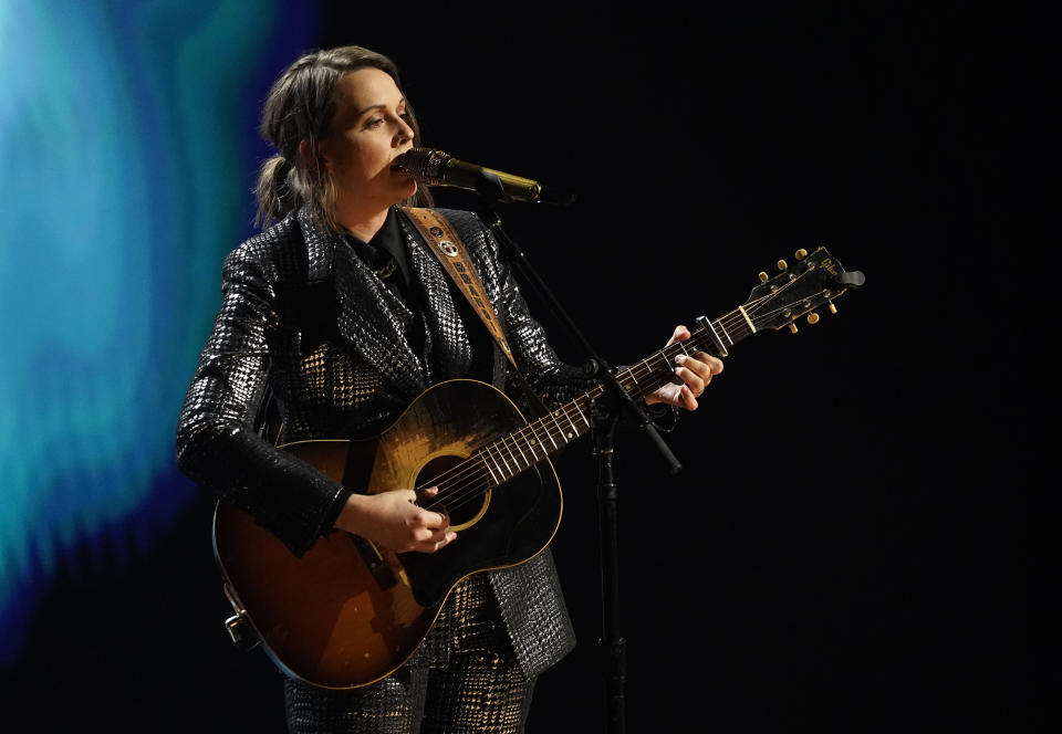 Brandi Carlile performs during the "In Memoriam" section of the 63rd Grammy Awards at the Los Angeles Convention Center, Tuesday, March 9, 2021. The awards show airs on March 14 with both live and prerecorded segments. (AP Photo/Chris Pizzello)
