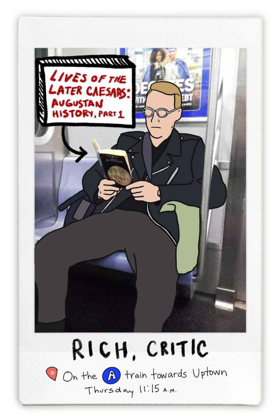 critic reading a book "lives of the later caesars" on the new york train