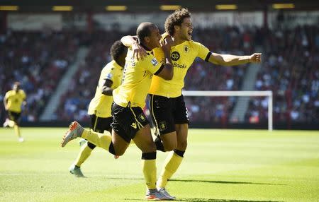 Football - AFC Bournemouth v Aston Villa - Barclays Premier League - Vitality Stadium, Dean Court - 8/8/15 Rudy Gestede (R) celebrates with Gabriel Agbonlahor after scoring the first goal for Aston Villa Reuters / Dylan Martinez Livepic