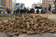 Police behind a barrier look at a pile of potatoes dumped by protestors during a demonstration of farmers near the European Council building in Brussels, Tuesday, March 26, 2024. Dozens of tractors sealed off streets close to European Union headquarters where the 27 EU farm ministers are meeting to discuss the crisis in the sector which has led to months of demonstrations across the bloc. (AP Photo/Geert Vanden Wijngaert)
