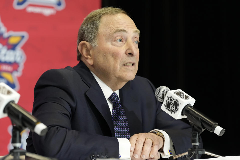 NHL Commissioner Gary Bettman speaks during a news conference in Toronto, Friday Feb. 2, 2024. NHL players are returning to the Olympics for the first time in more than a decade. The world's top hockey league will allow its players to participate in the Games in 2026 in Milan and in 2030 under an agreement announced Friday by the NHL, the NHL Players’ Association, International Ice Hockey Federation and the IOC. (Frank Gunn/The Canadian Press via AP)