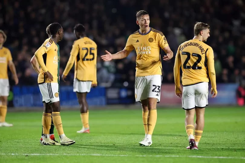 Jannik Vestergaard encourages the Leicester City squad during the defeat to Plymouth