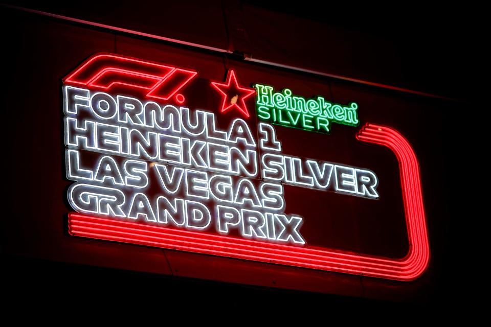 LAS VEGAS, NEVADA - NOVEMBER 17: An F1 Grand Prix of Las Vegas sign is pictured in the Paddock prior to final practice ahead of the F1 Grand Prix of Las Vegas at Las Vegas Strip Circuit on November 17, 2023 in Las Vegas, Nevada. (Photo by Chris Graythen/Getty Images)