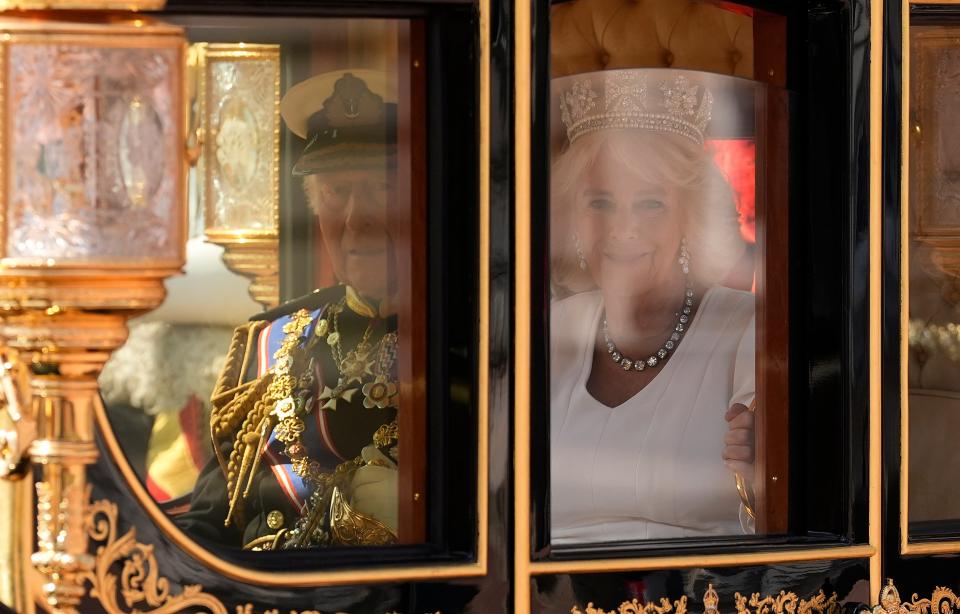 King Charles and Queen Camilla depart Buckingham Palace travelling in the Diamond Jubilee State Coach (Getty Images)