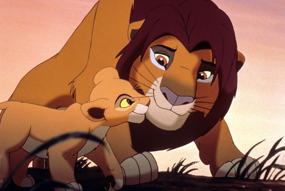 an animated baby and adult lion