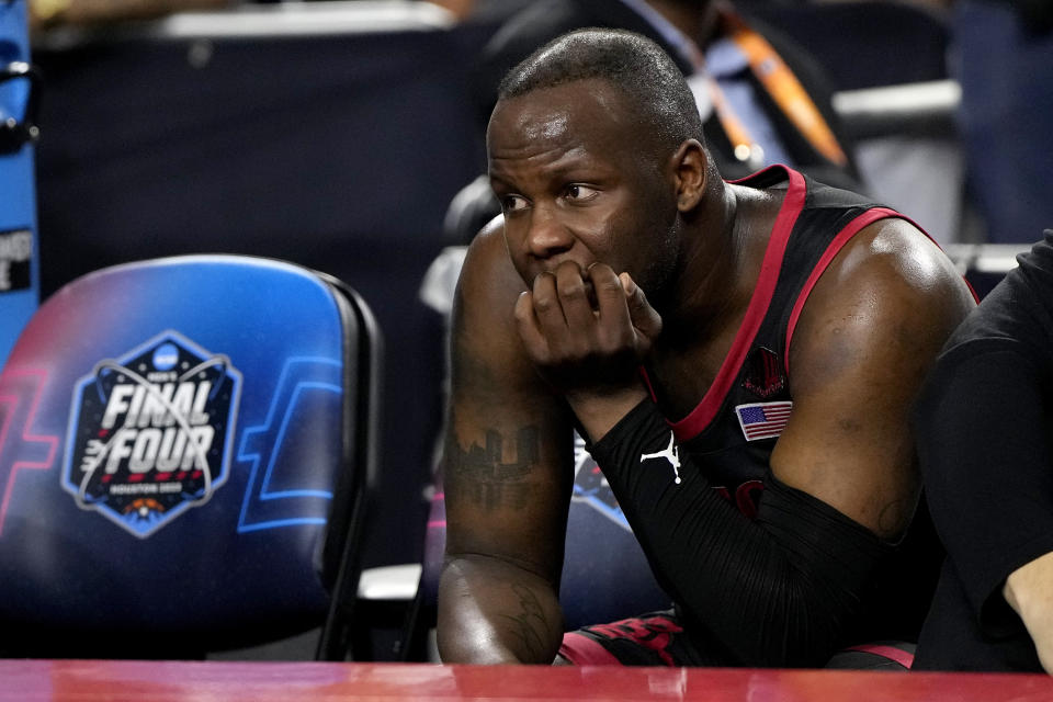 San Diego State guard Adam Seiko watch's during the second half of the men's national championship college basketball game against Connecticut in the NCAA Tournament on Monday, April 3, 2023, in Houston. (AP Photo/David J. Phillip)