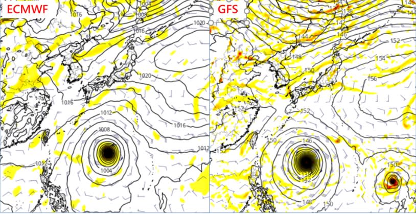 最新(3日20時)歐洲(ECMWF)模式，模擬10日20時預測圖顯示，「熱帶擾動」位置大約在關島、菲律賓、琉球之間的海面上(左圖)；同時的美國(GFS)模式模擬圖顯示，其位置略為偏西、強度則更強(右圖)。(圖擷自tropical tidbits/載自「三立準氣象·老大洩天機」專欄)