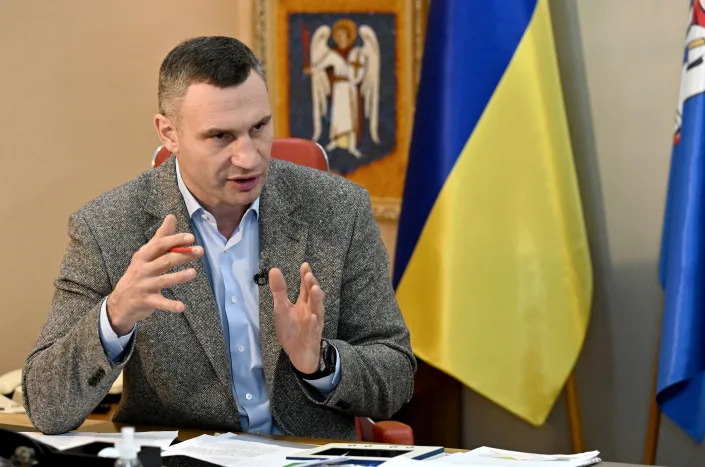 Heavyweight boxing champion, turned Kyiv mayor Vitali Klitschko, talks with AFP journalists at his office in Kyiv on February 10, 2022. - Vitali Klitschko said he was ready