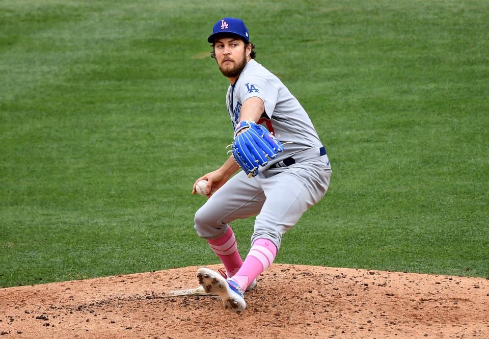 Dodgers pitcher Trevor Bauer delivers against the Angels in the second inning of Sunday's 2-1 loss.