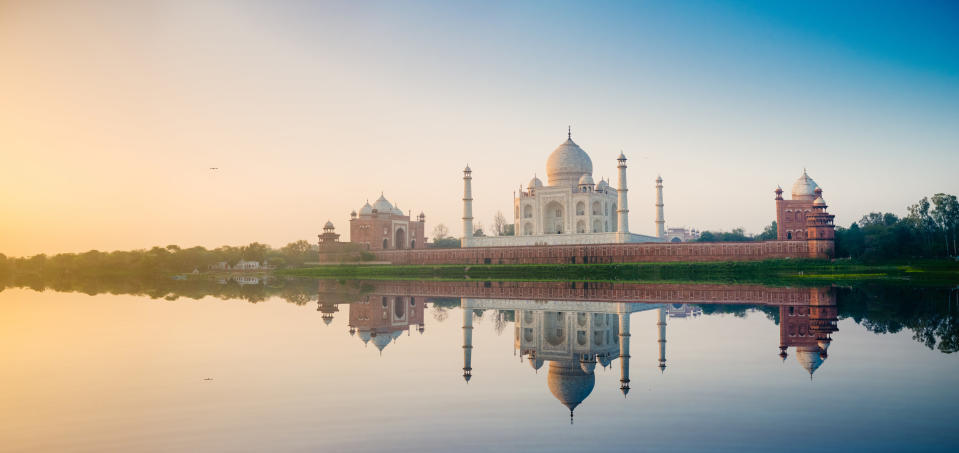 a river bank ahead of the Taj Mahal