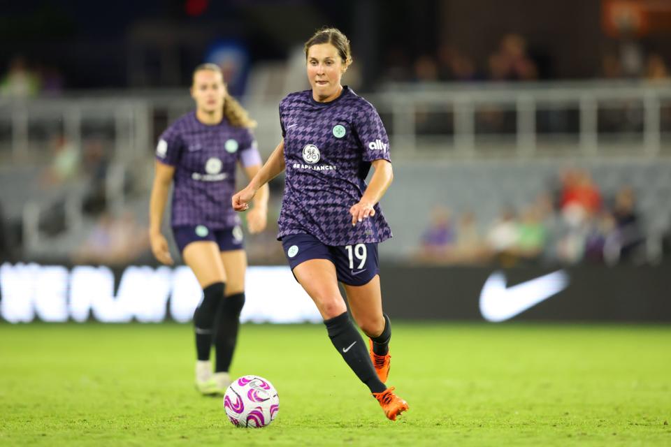 Racing Louisville FC midfielder Jordan Elisabeth Baggett (19) controls the ball against the Kansas City Current in the second half at Lynn Family Stadium on Wednesday, May 17, 2023.