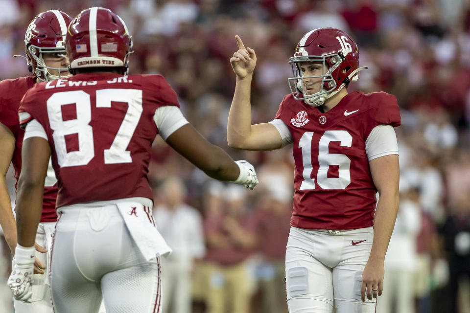 Alabama kicker Will Reichard (16) reacts to his field goal against Texas during the first half of an NCAA college football game, Saturday, Sept. 9, 2023, in Tuscaloosa, Ala. (AP Photo/Vasha Hunt)