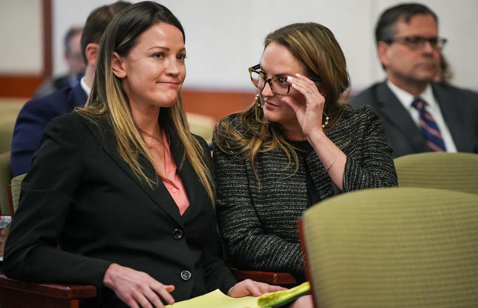 Attorney Kelsey McKay, right speaks with her client Jennifer Thompson, after she testified before a legislative hearing involving the Texas Medical and greater oversight of doctors. McKay said, “By not utilizing the power they possess, many victims feel that TMB did not take their reports seriously."