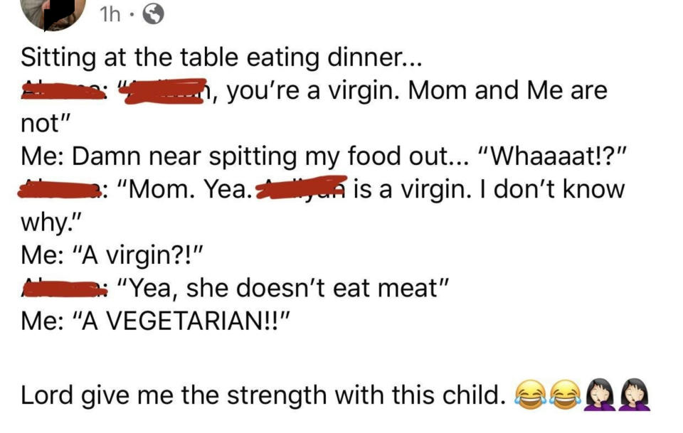 Kid confusing "vegetarian" and "virgin" and saying they're not a virgin