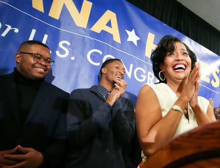 Democratic congressional candidate Jahana Hayes reacts after appearing at her midterm election night party in Waterbury, Connecticut, U.S. November 6, 2018. REUTERS/Michelle McLoughlin