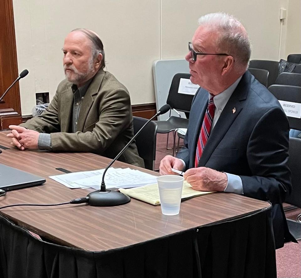 Barry Prizant, left, told RI lawmakers Tuesday night about the heartache he and his wife, Elaine Meyer, suffered in the loss of two embryos at Women & Infants Hospital. At right is Rep. Joseph McNamara, D-Warwick, who introduced the Embryo Safety and Storage Act of 2023 after hearing the couple's story.