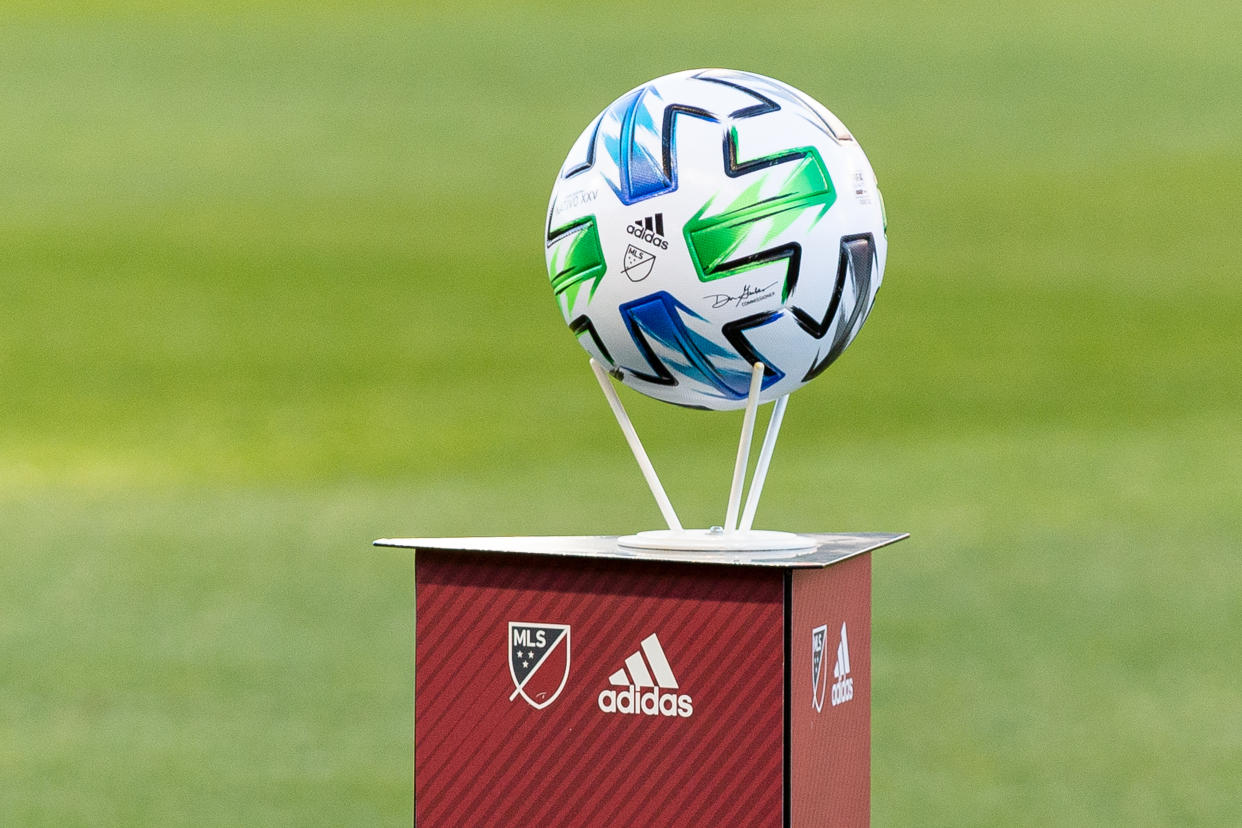 MSL ball on the stand before the 2020 MLS Regular Season match between Toronto FC (Canada) and  New York City FC (USA) at BMO Field  in Toronto, Canada (Score 1-0) (Photo by Anatoliy Cherkasov/NurPhoto via Getty Images)