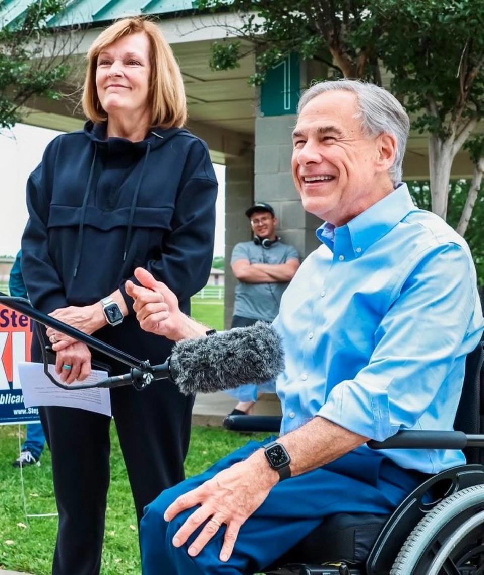Gov. Greg Abbott, right, released this campaign photo with state Rep. Stephanie Klick in Watauga April 19, 2024. Courtesy Texans for Greg Abbott