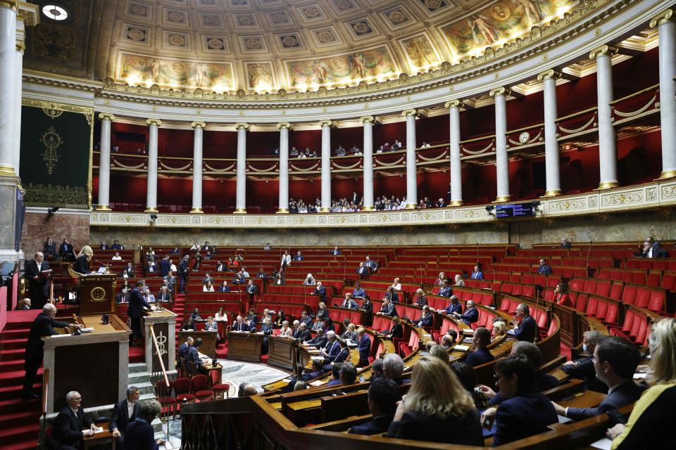 This photograph shows a general view during a debate on a vote of no confidence (