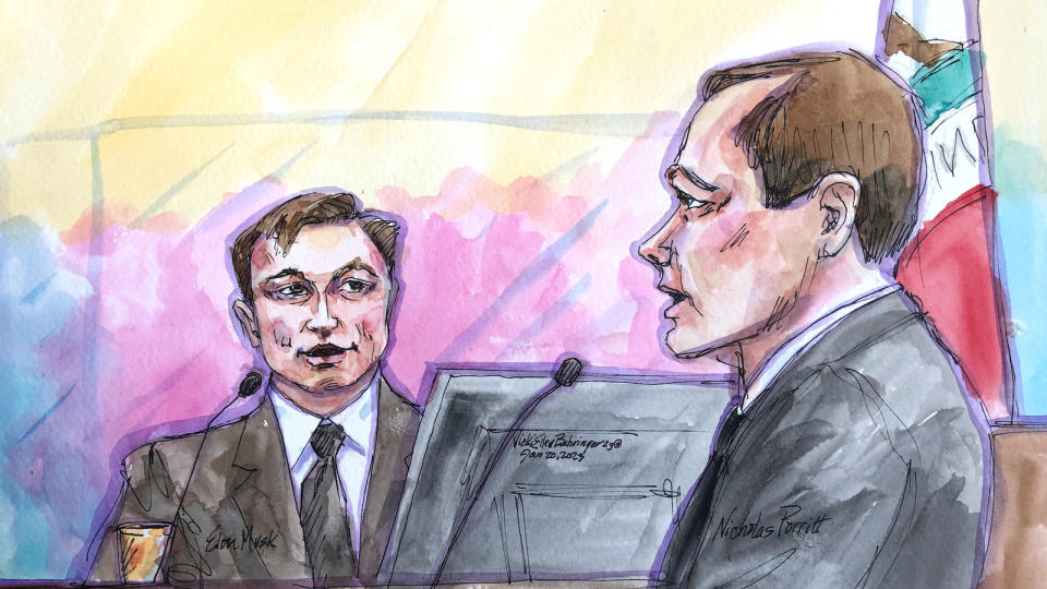 Tesla CEO Elon Musk testifies during a securities-fraud trial in San Francisco, California, U.S., January 20, 2023 in this courtroom sketch. REUTERS/Vicki Behringer 