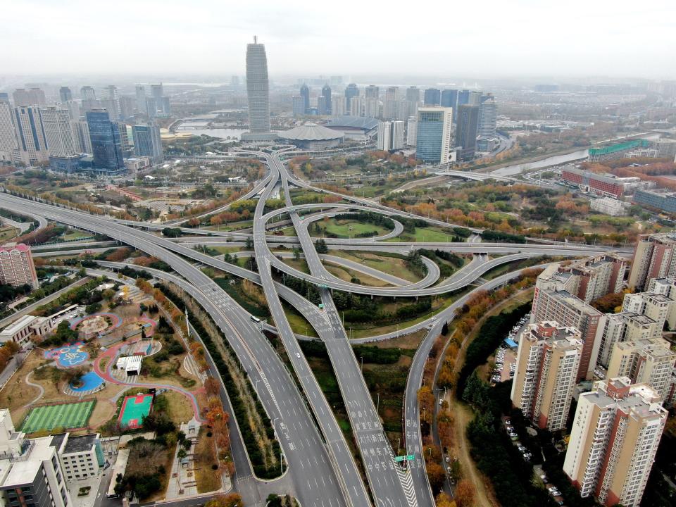 Aerial view of empty roads in Zhengzhou, China.
