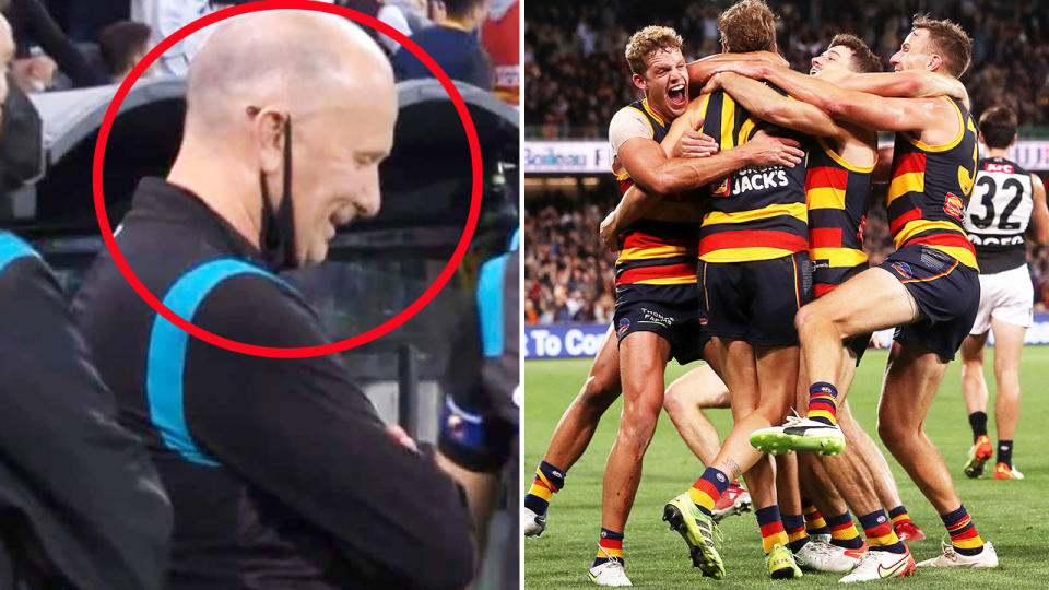 Ken Hinkley, pictured here laughing before the Crows beat Port Adelaide after the siren.
