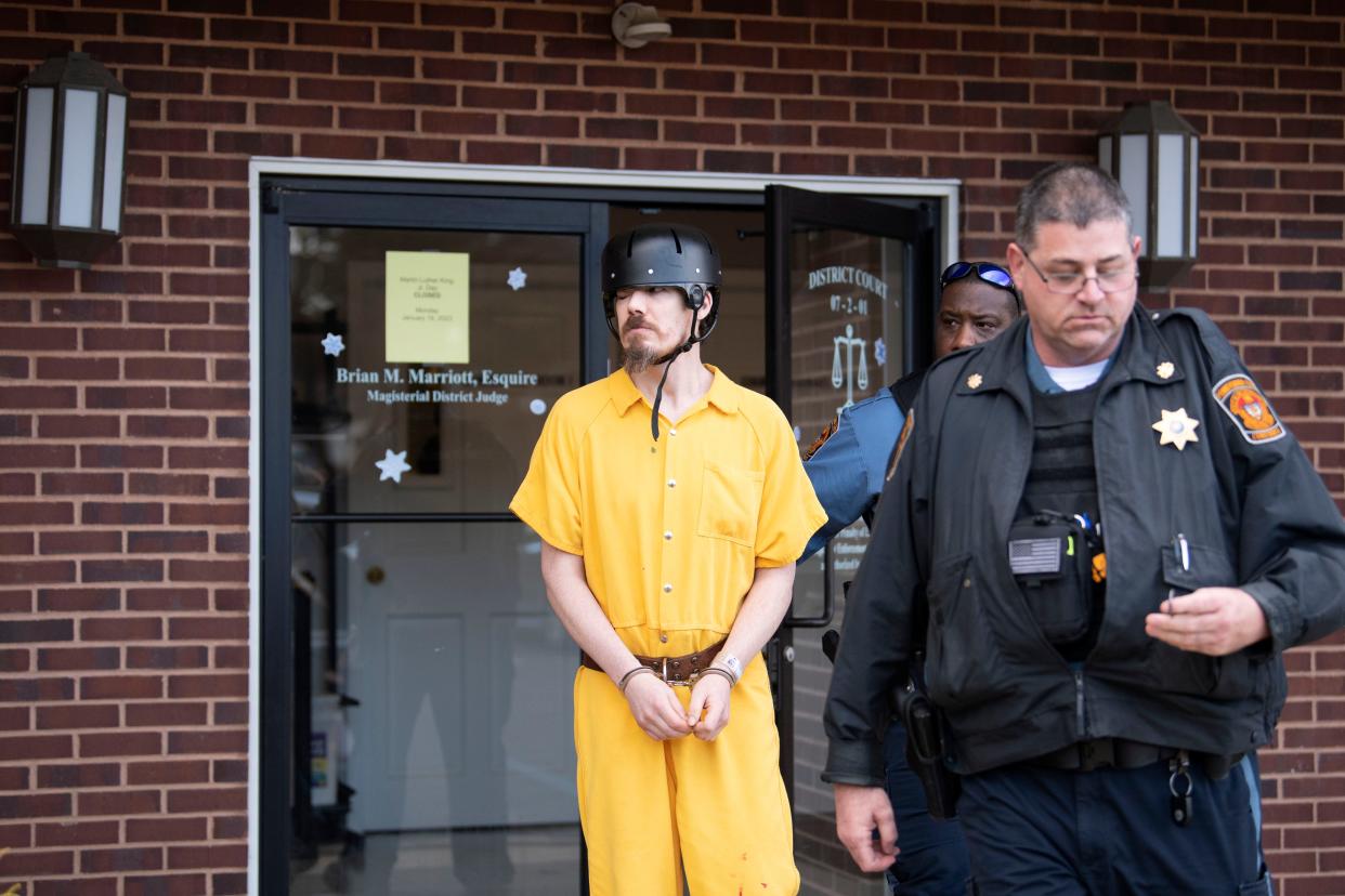 Officials escort defendant Thadius McGrath after his preliminary hearing in which he was accused of the murder of Northampton resident Samantha Remender in 2022, outside District Court 07-2-01 building on Thursday, Jan. 5, 2023.