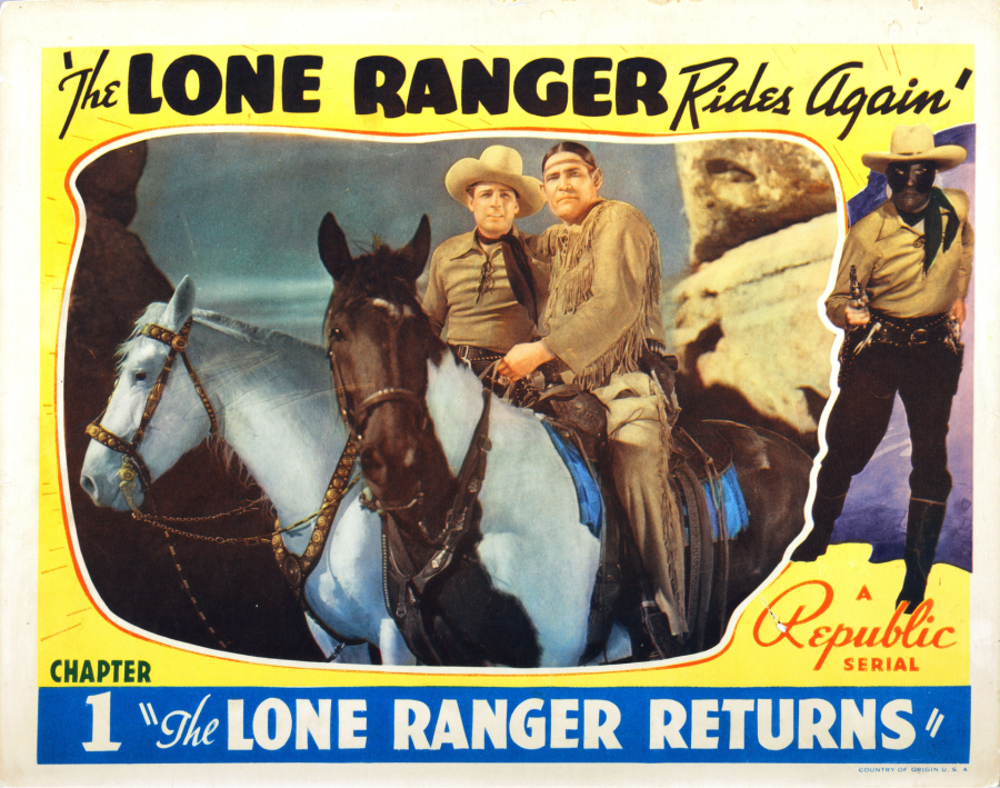 A poster shows Robert Livingston as the Lone Ranger and Chief Thundercloud as Tonto to promote a new serial radio series called "The Lone Ranger Rides Again."