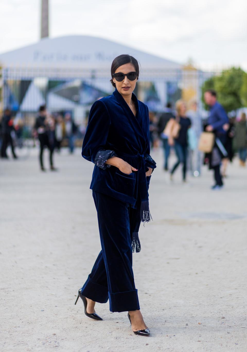 Do it up in a velvet pajama suit. It's crisp, dressy, and—most importantly—cozy AF.