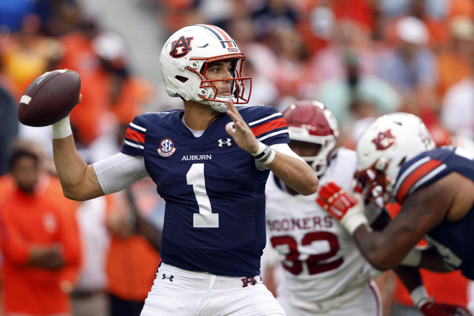 Auburn quarterback Payton Thorne (1) throws a pass during the first half of an NCAA college football game against Oklahoma, Saturday, Sept. 28, 2024, in Auburn, Alabama. (AP Photo/Butch Dill)