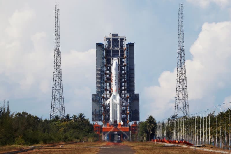 The Long March 5 Y-4 rocket carrying an unmanned Mars probe is seen before the launch at Wenchang Space Launch Center