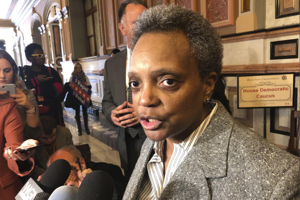 FILE - In this Nov. 12, 2019 file photo, Chicago Mayor Lori Lightfoot talks to reporters after meeting with House Democrats at the state Capitol, in Springfield, Ill. Lightfoot announced Thursday, April, 22, 2021, that Chicago is now officially seeking proposals to operate a massive resort that includes a casino, a hotel of up to 500 rooms, restaurants and bars. Whoever gets the license will also get to run slot machines at both of Chicago's airports. (AP Photo/John O'Connor File)