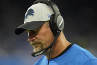 Detroit Lions head coach Dan Campbell walks the sideline during the first half of an NFL football game against the Cincinnati Bengals, Sunday, Oct. 17, 2021, in Detroit. (AP Photo/Paul Sancya)