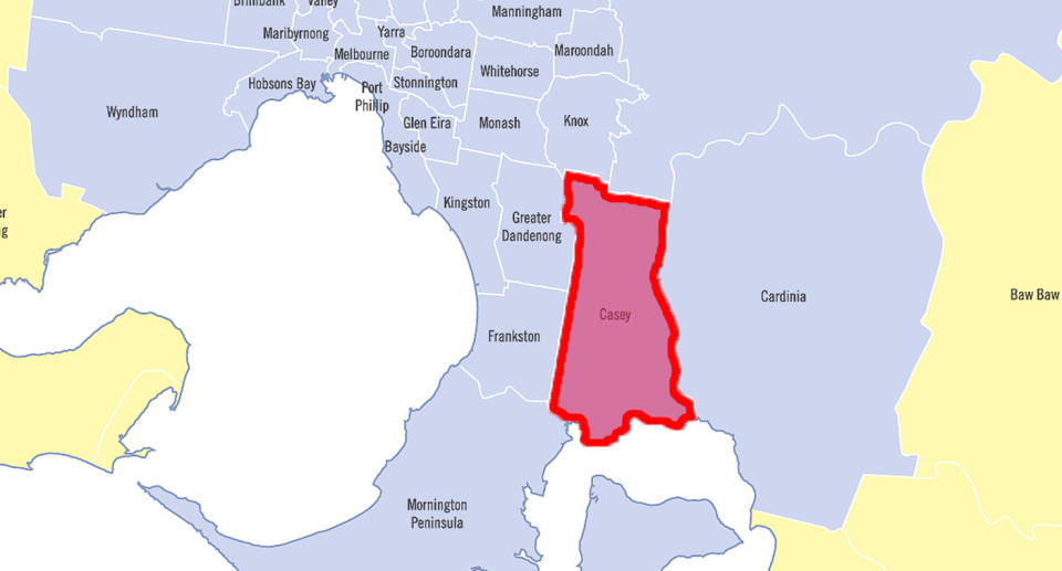 This picture shows the Casey local government area in Melbourne coloured red to show the location of the coronavirus outbreak.