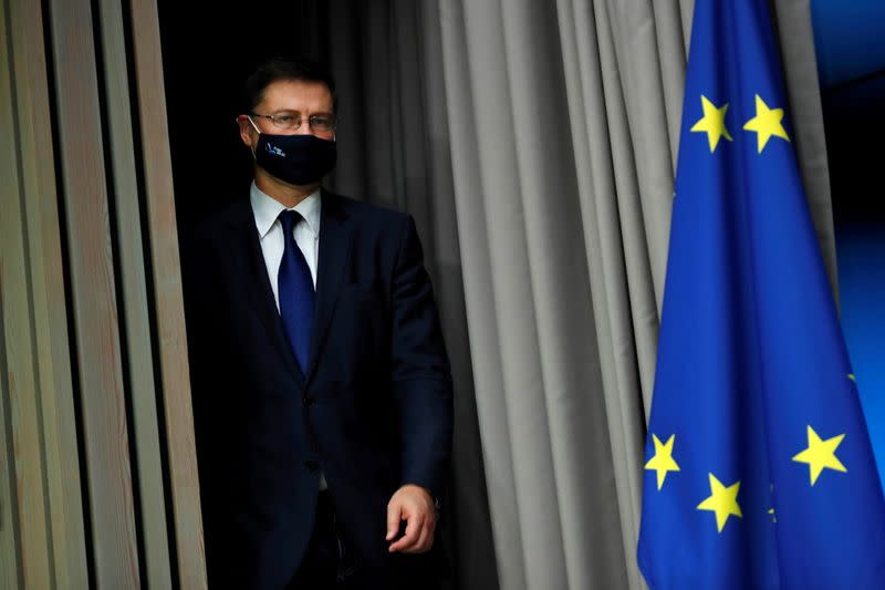 European Commission Vice-President Valdis Dombrovskis holds a news conference in Brussels