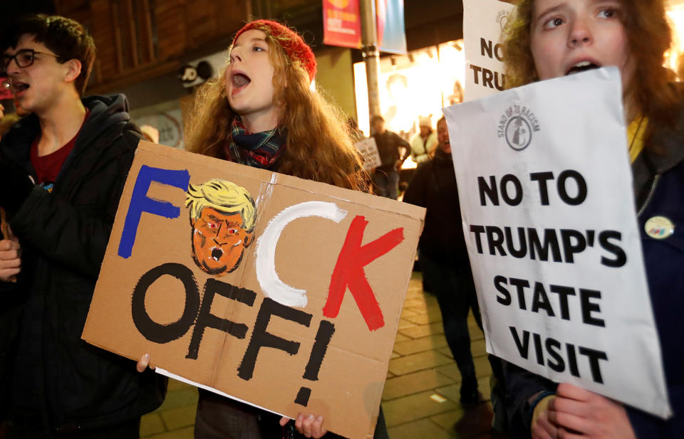 <p>Demonstrators take part in a protest against U.S. President Donald Trump in Glasgow, Scotland, Feb. 20, 2017. (Photo: Russell Cheyne/Reuters) </p>