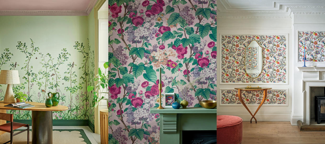  Trailing florals wallpaper trend. Green floral wallpaper in colorful home office. Close up of floral wallpaper and green fireplace. White living room with wallpaper framed panels. 