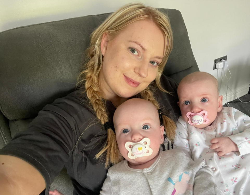 Sally Kynoch pictured with her twins Kelsea and Willow, who are now almost eight months and thriving. (Sally Kynoch/SWNS)