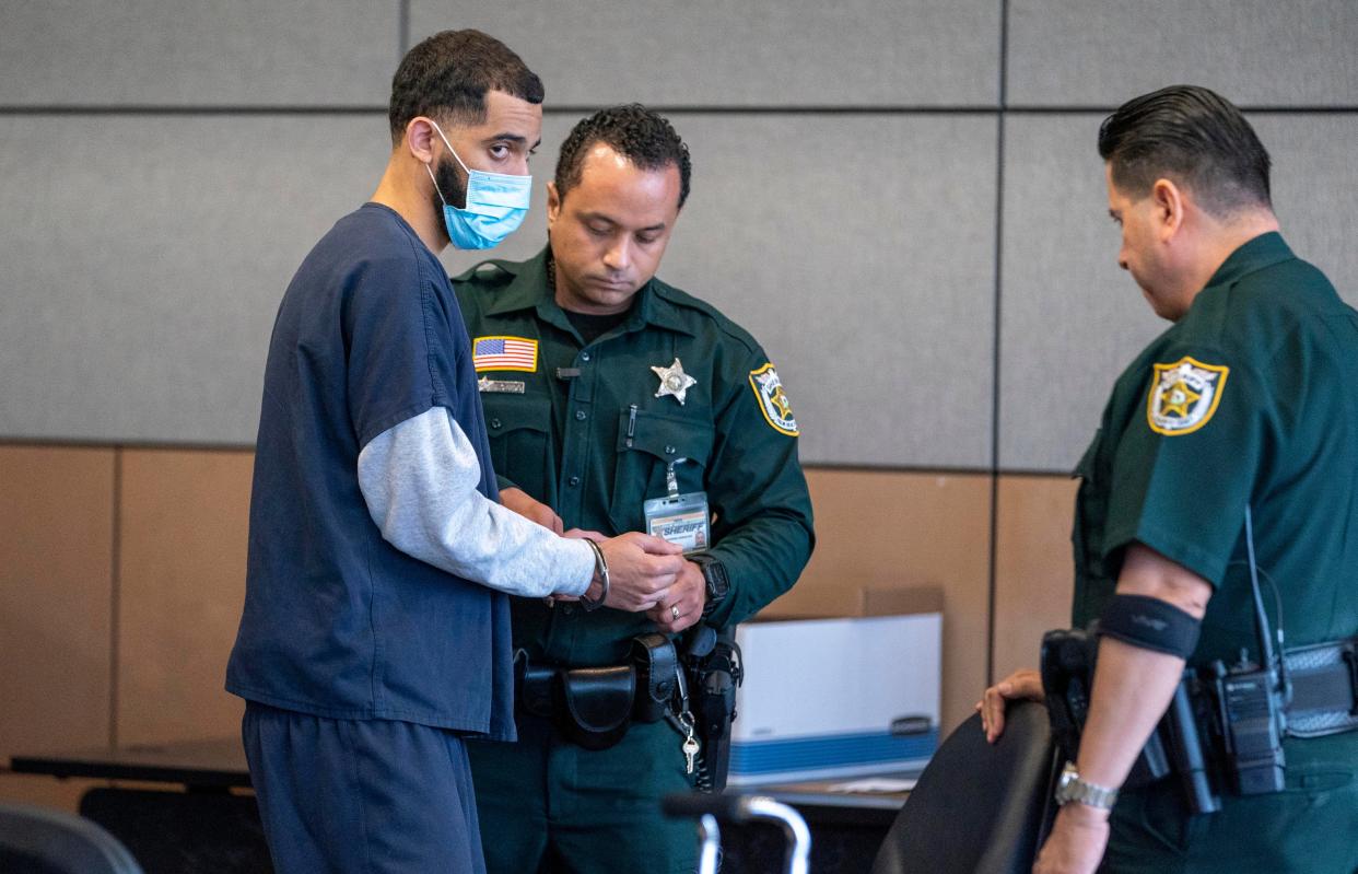 Sheriff's deputies bring Jorge Dupre Lachazo into court for his trial for the murder of Evelyn Udell in August 2019.