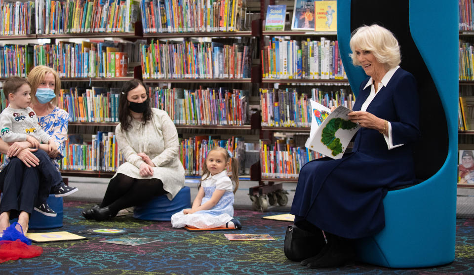 Camilla, the Duchess of Cornwall, reads 'A Very Hungry Caterpillar'. (Getty Images)