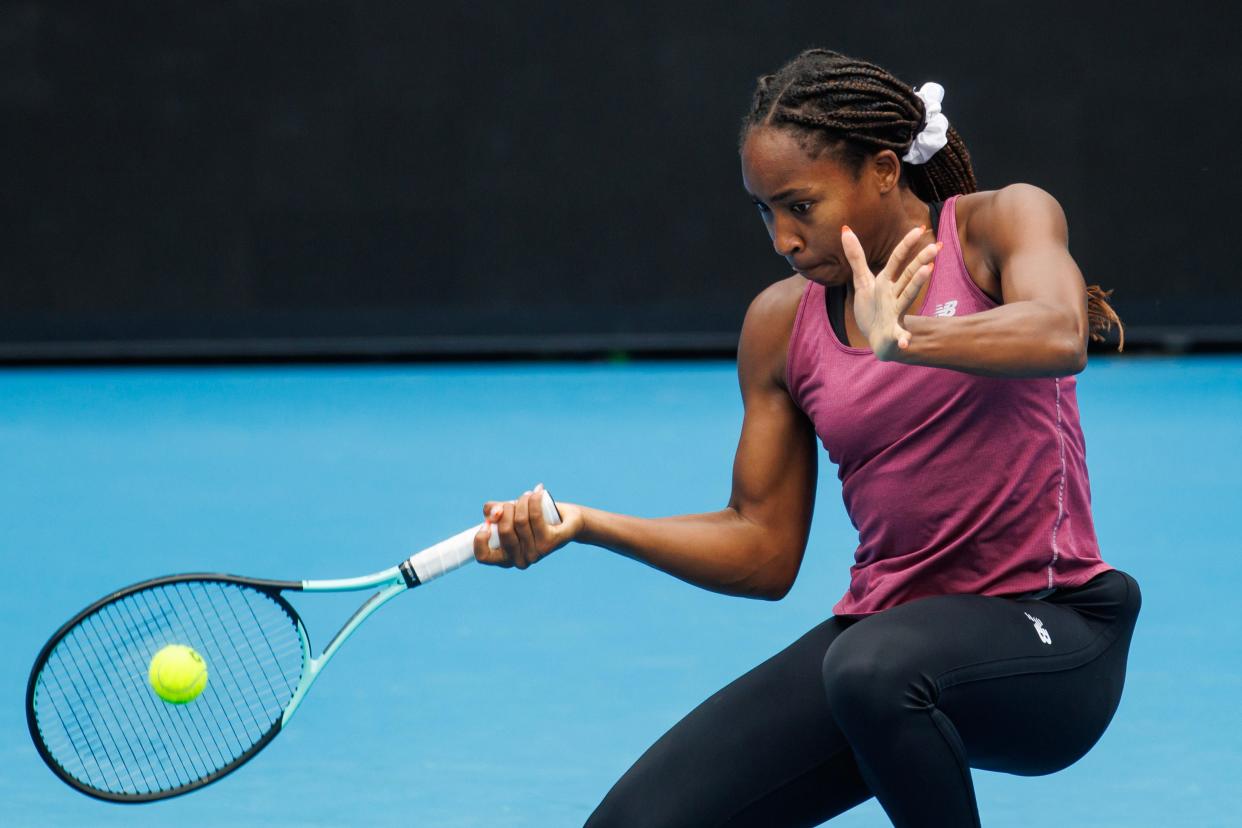 Jan 12, 2023; Melbourne, Victoria, Australia; Coco Gauff of the United States hits a forehand during a practice session on Kia Arena at Melbourne Park. Mandatory Credit: Mike Frey-USA TODAY Sports