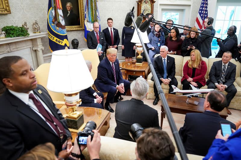 U.S. President Trump speaks with Congressional Republicans at the White House in Washington