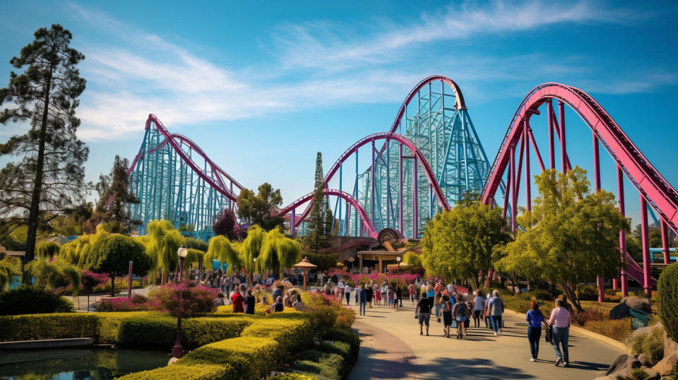 People enjoying a sunny day at Knott's Berry Farm amusement park rides.