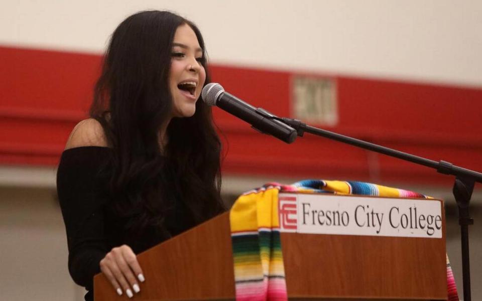 Alyssa Witrado, a contestant on ‘The Voice,’ sang the national anthem at the 21st Latino Graduation Celebration at the college gym on May 6, 2023.