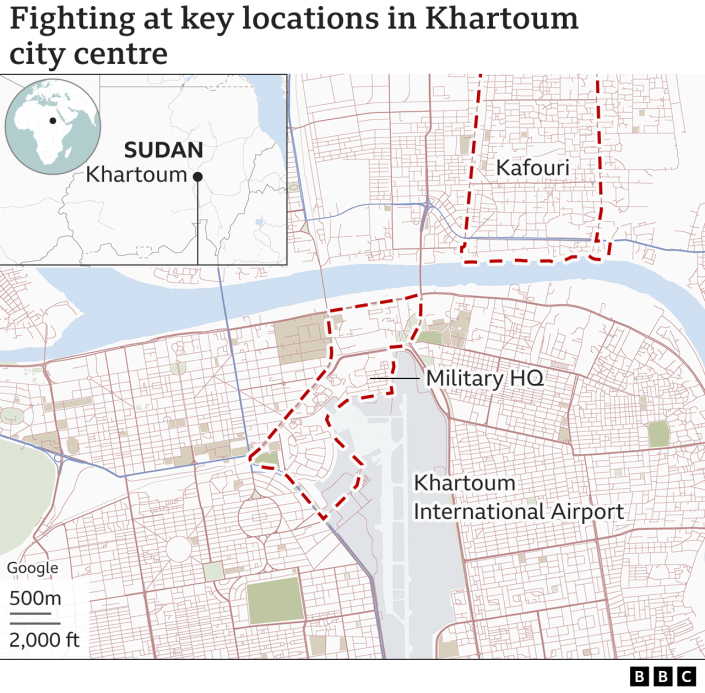 نقشه ای که نبرد را در مکان های کلیدی در مرکز شهر خارطوم نشان می دهد