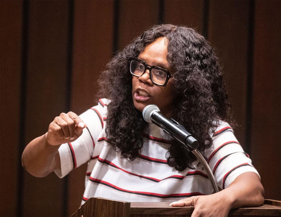 New Rochelle resident Sharon Footes speaks during a New Rochelle City Council meeting July 11, 2023. City residents spoke out at the meeting against the police shooting of Jarrell Garris on July 3rd. Garris died one week after being shot by police as they tried to arrest him after he was accused of stealing food from a local market. 