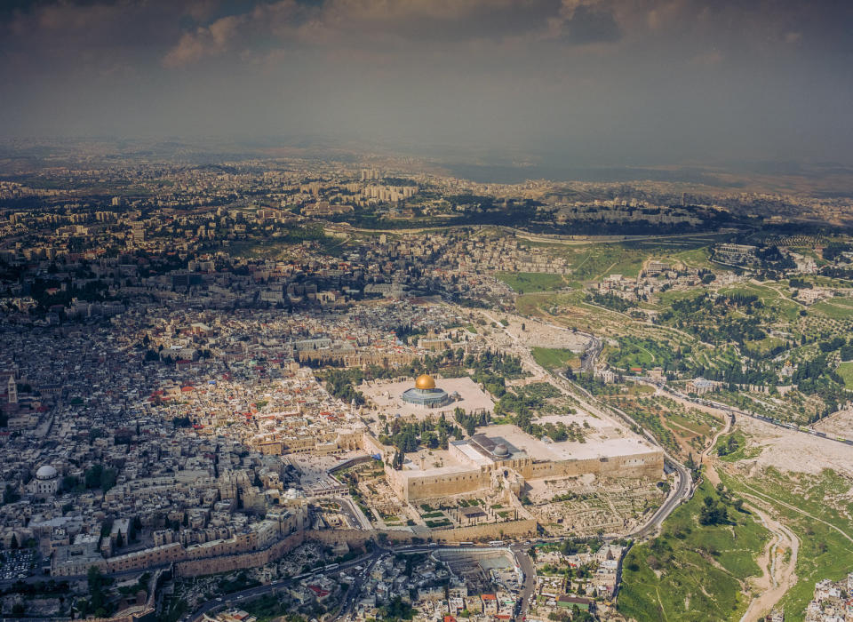 A rare aerial view of Jerusalem's walled Old City and the Mount of Olives, sacred ground for half our population.   (Image exclusive to The Huffington Post)